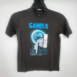 Games on the Brain Graphic T-Shirt Boy Small 6-7 Grey Video Gamer Cyperpunk Tech
